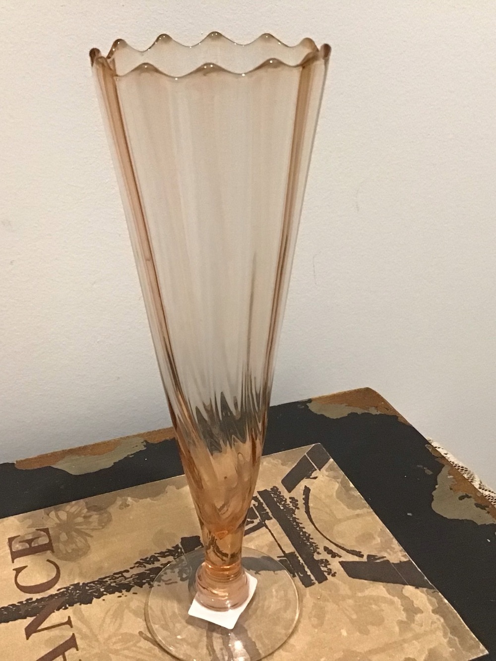 Vintage Blush Pink Fluted Glass Vase - 10 inches tall.